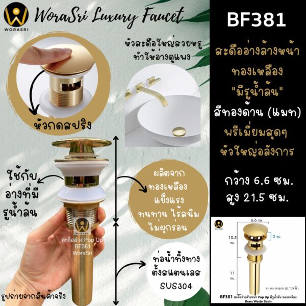 BF381 Pop up waste basin bruhsed gold brass material and drainage Sus304 1